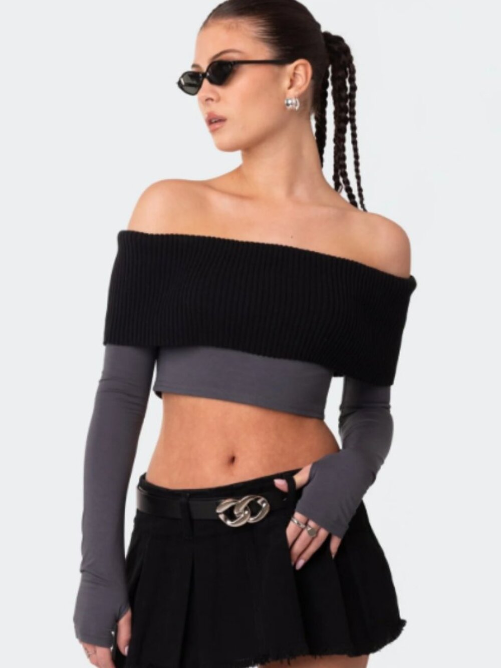 Edikted Alma Off The Shoulder Half Knit Top Crop Long Sleeve Grey Black Small